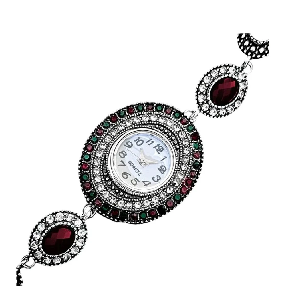 Vintage-Inspired Gemstone Bracelet‎ Watch – Red & Green Accents